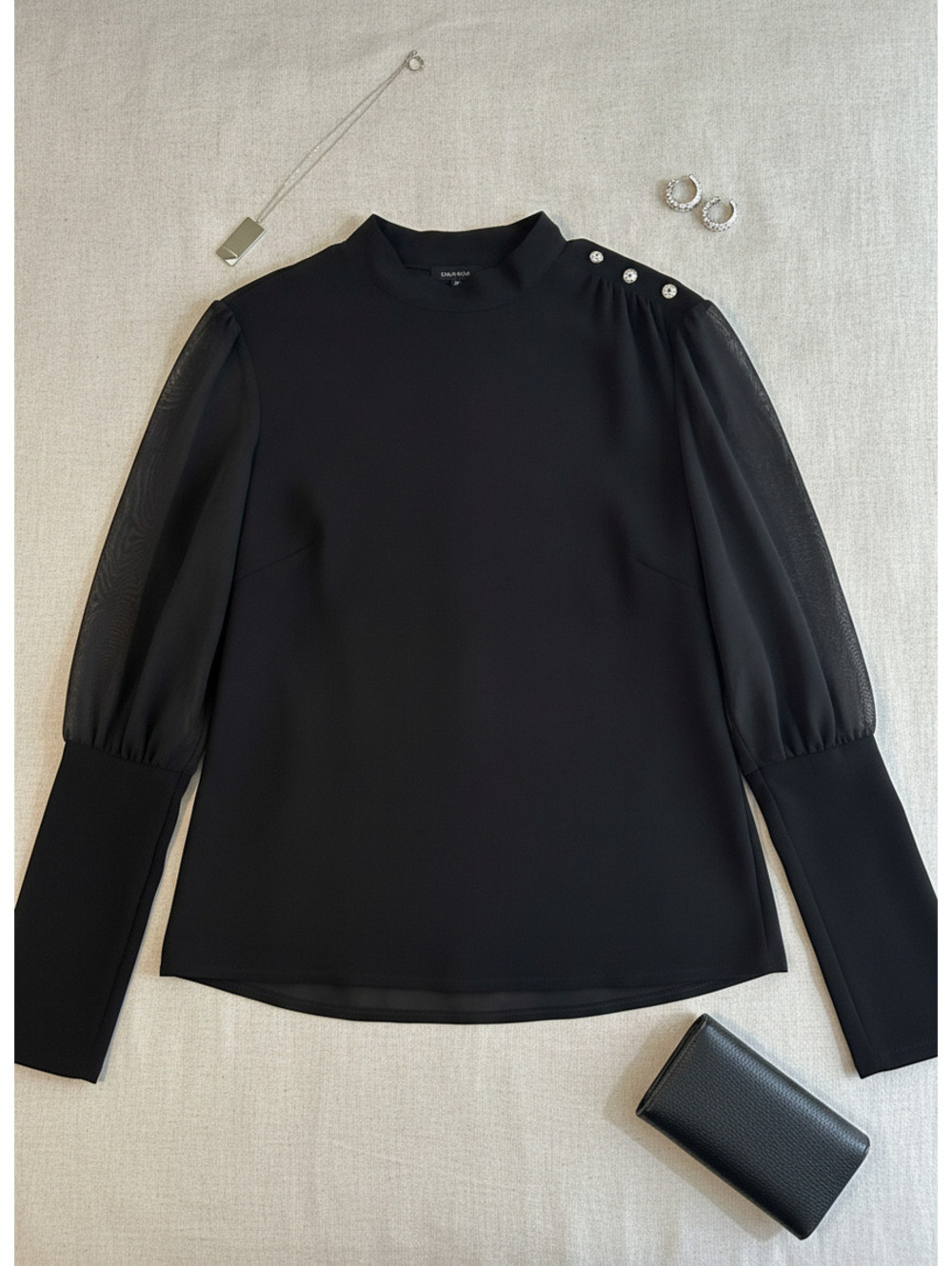 Black Sheer Sleeve Blouse with Button Detail Size 2